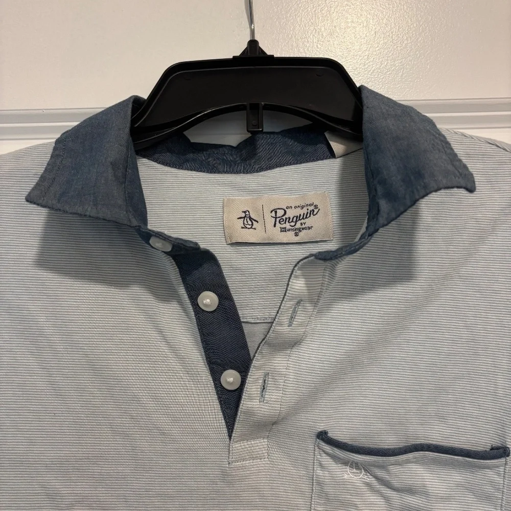 Men's Penguin Chambray Light Blue and White Striped Polo with Navy Collar